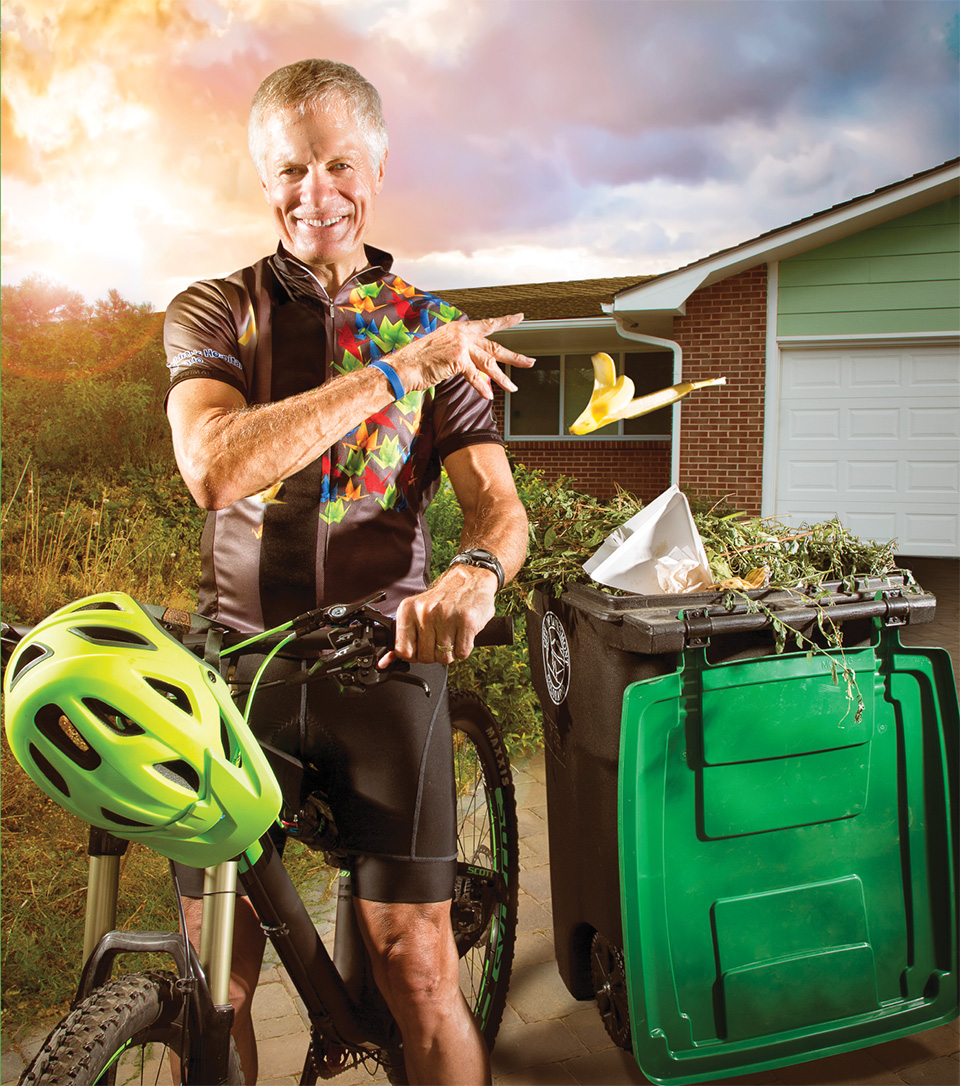 A Longmont resident recycling organic waste as part of the 'Loco for Composting' municipal sustainability campaign, highlighting eco-friendly lifestyle branding by Studio Six Branding